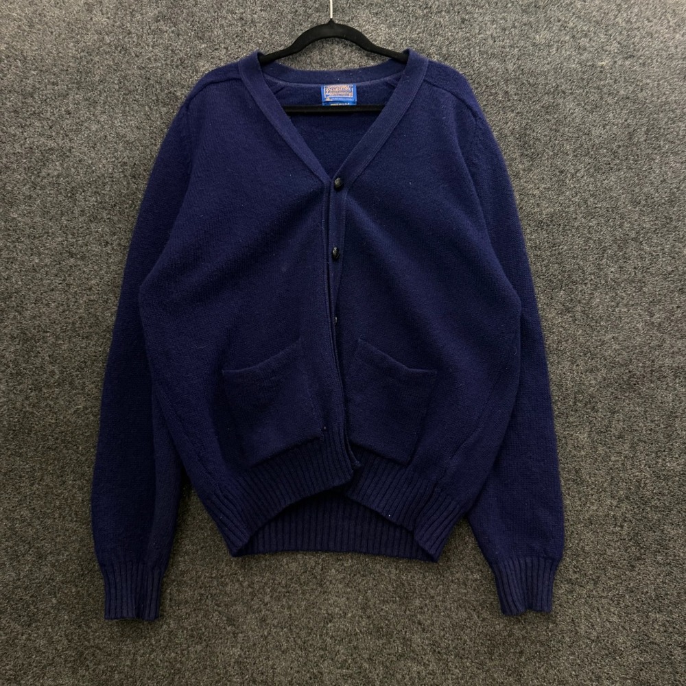 Vintage 70s Pendleton Wool Cardigan Sweater Mens XL Navy Blue Shetland Yarn USA